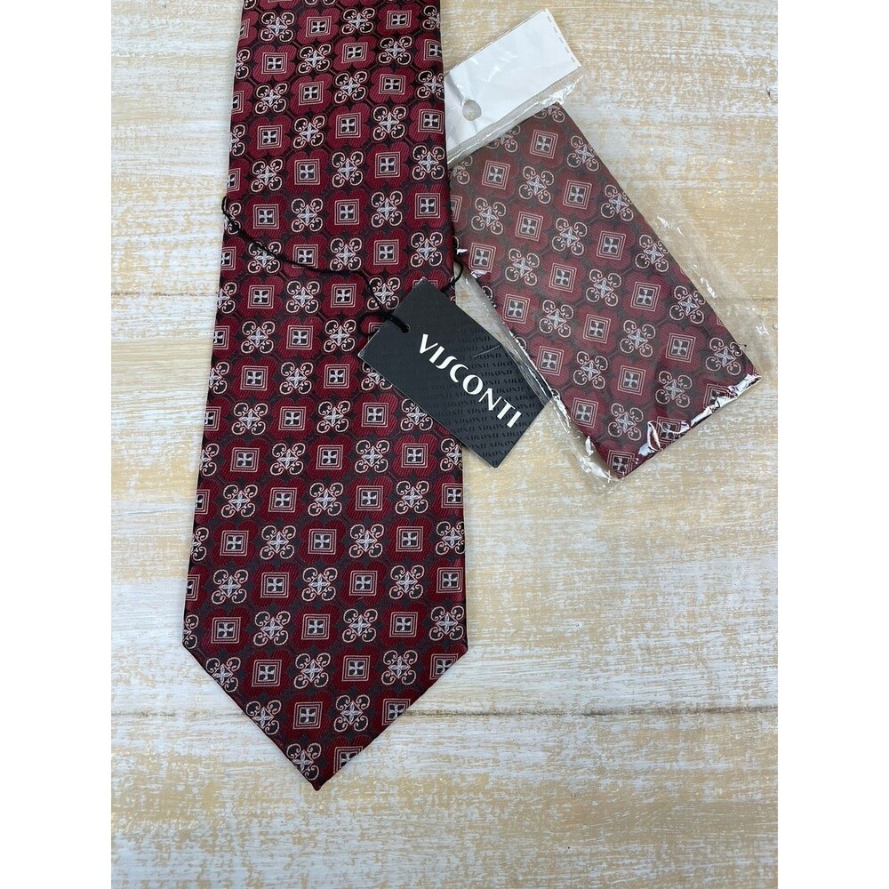 Visconti Tie and Pocket Square Set for Men Burgundy Print